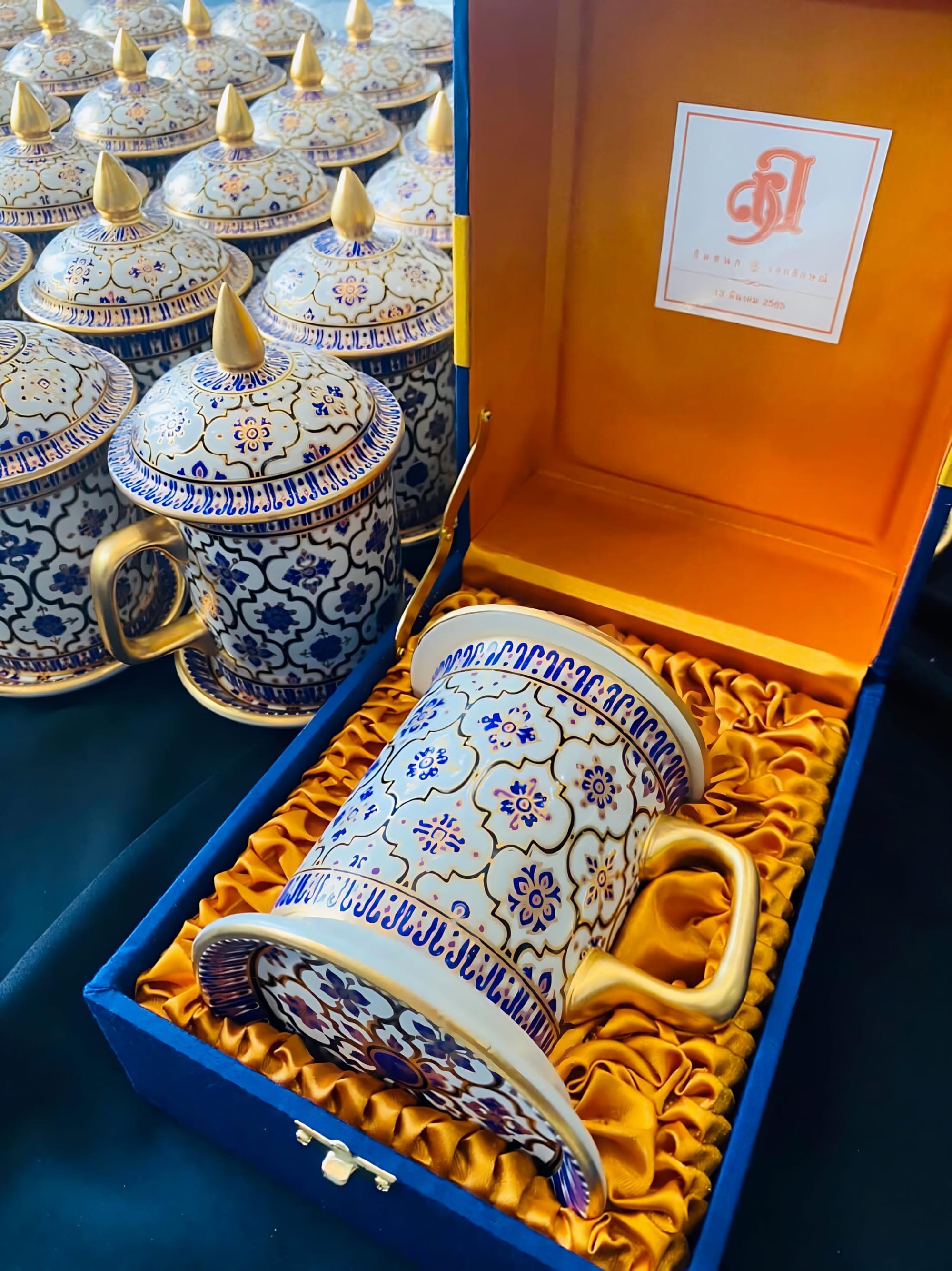 Gold Accented Coffee Mug Set: Hand-Painted with Lid & Saucer by Artisan  Homeware at The Section Cafe, Tambon Kho Hong