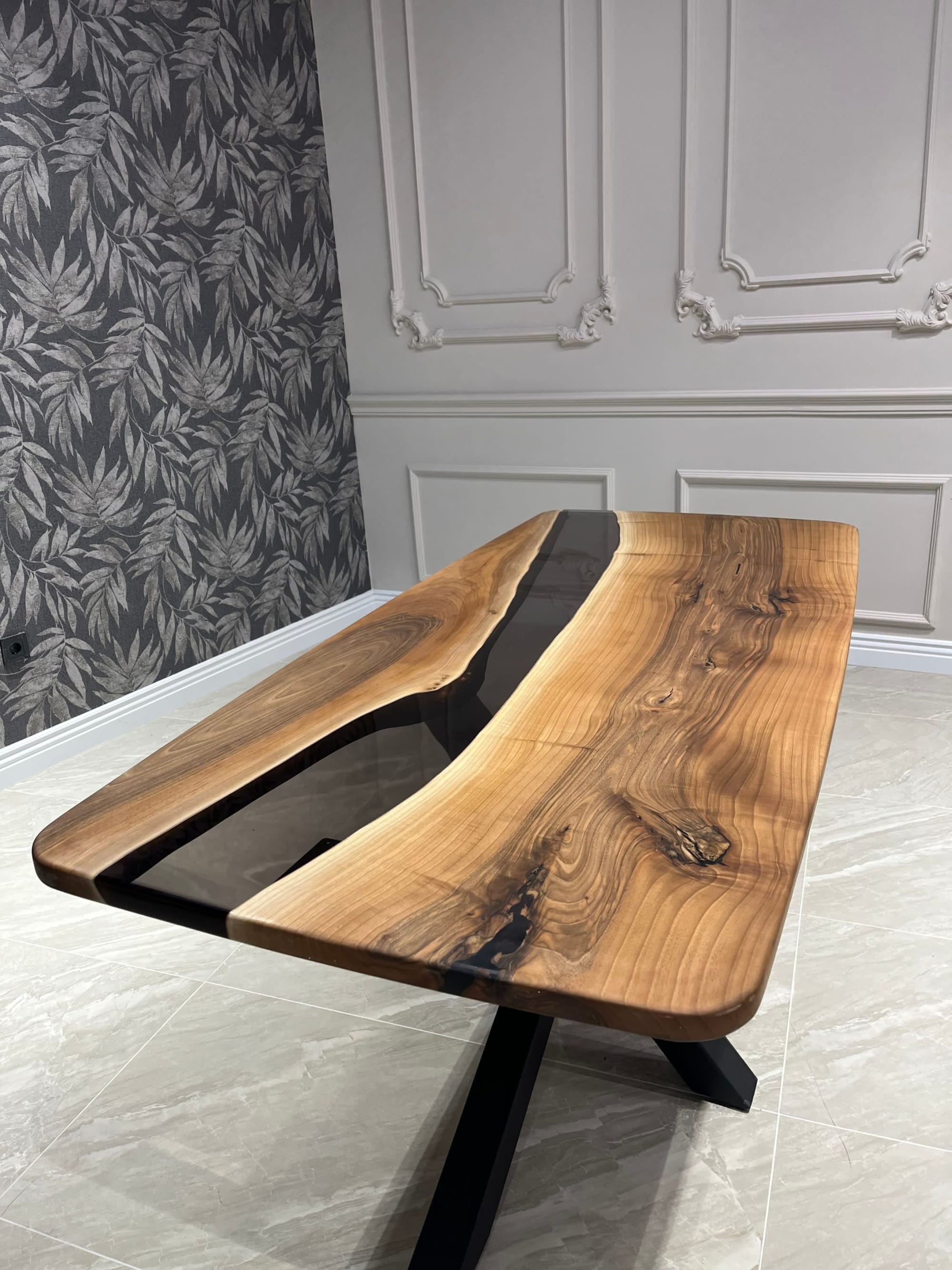 Walnut epoxy resin Dining Table with transparent resin river, made to order