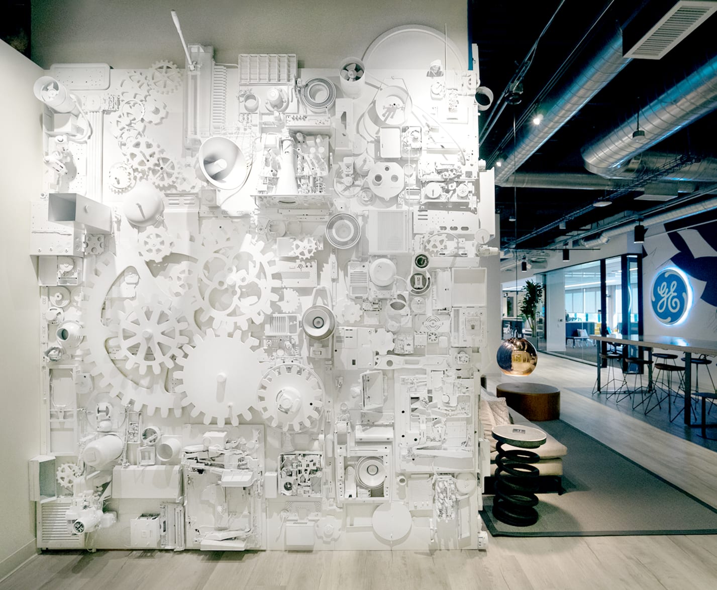 White Industrial Wall Sculpture with machine elements