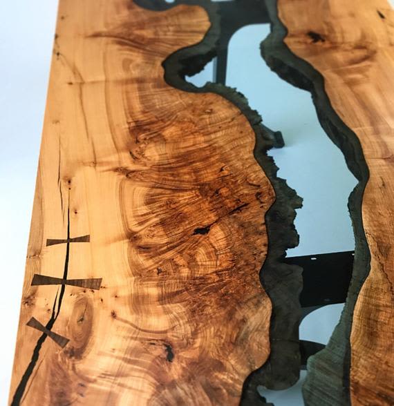 Long wooden river table detail