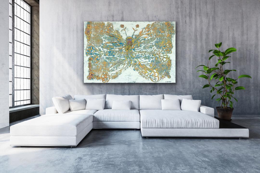 Green blue abstract butterfly painting