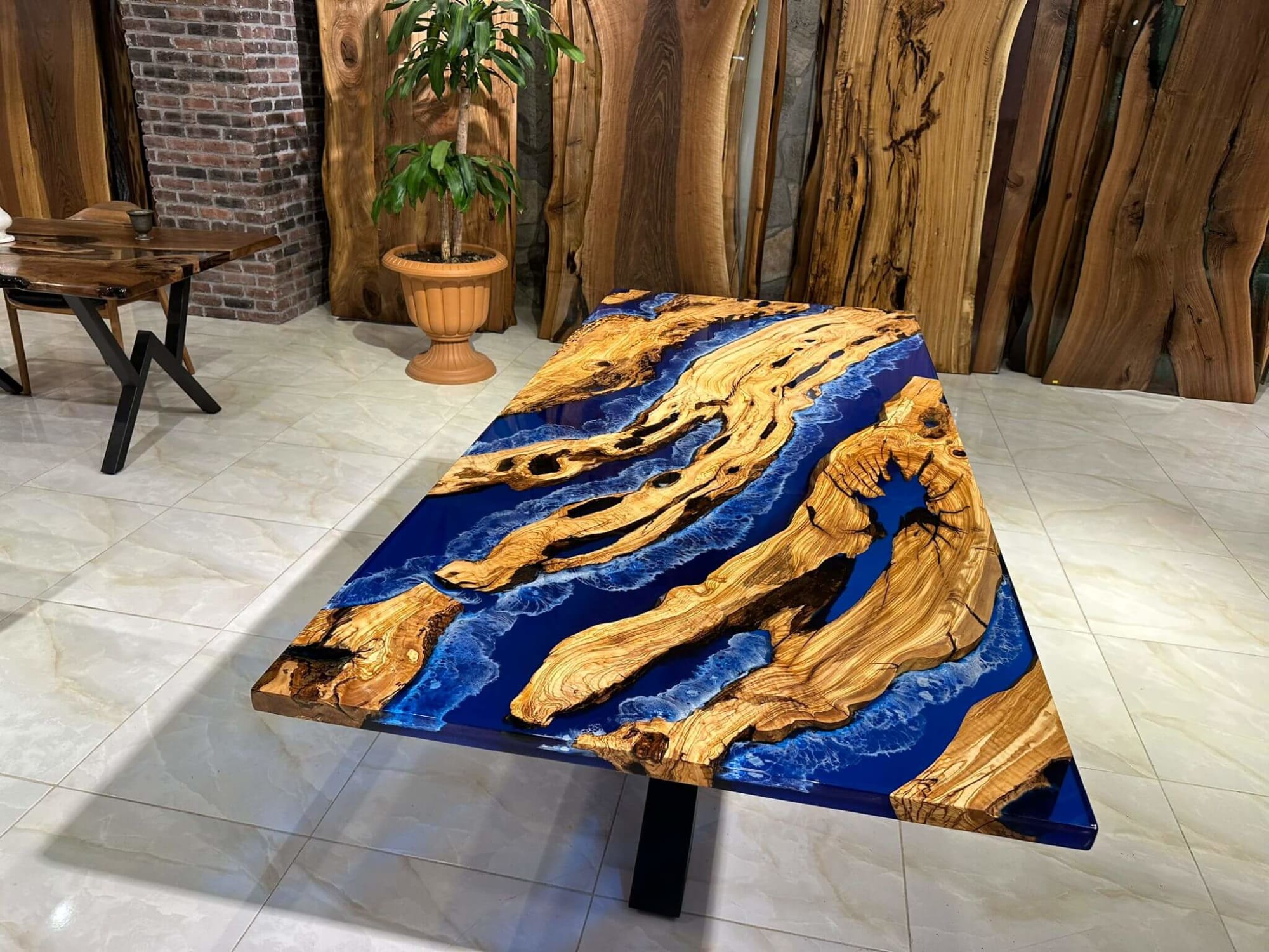 Custom Blue Epoxy Resin Olive Wood Dining Table - Gul Natural