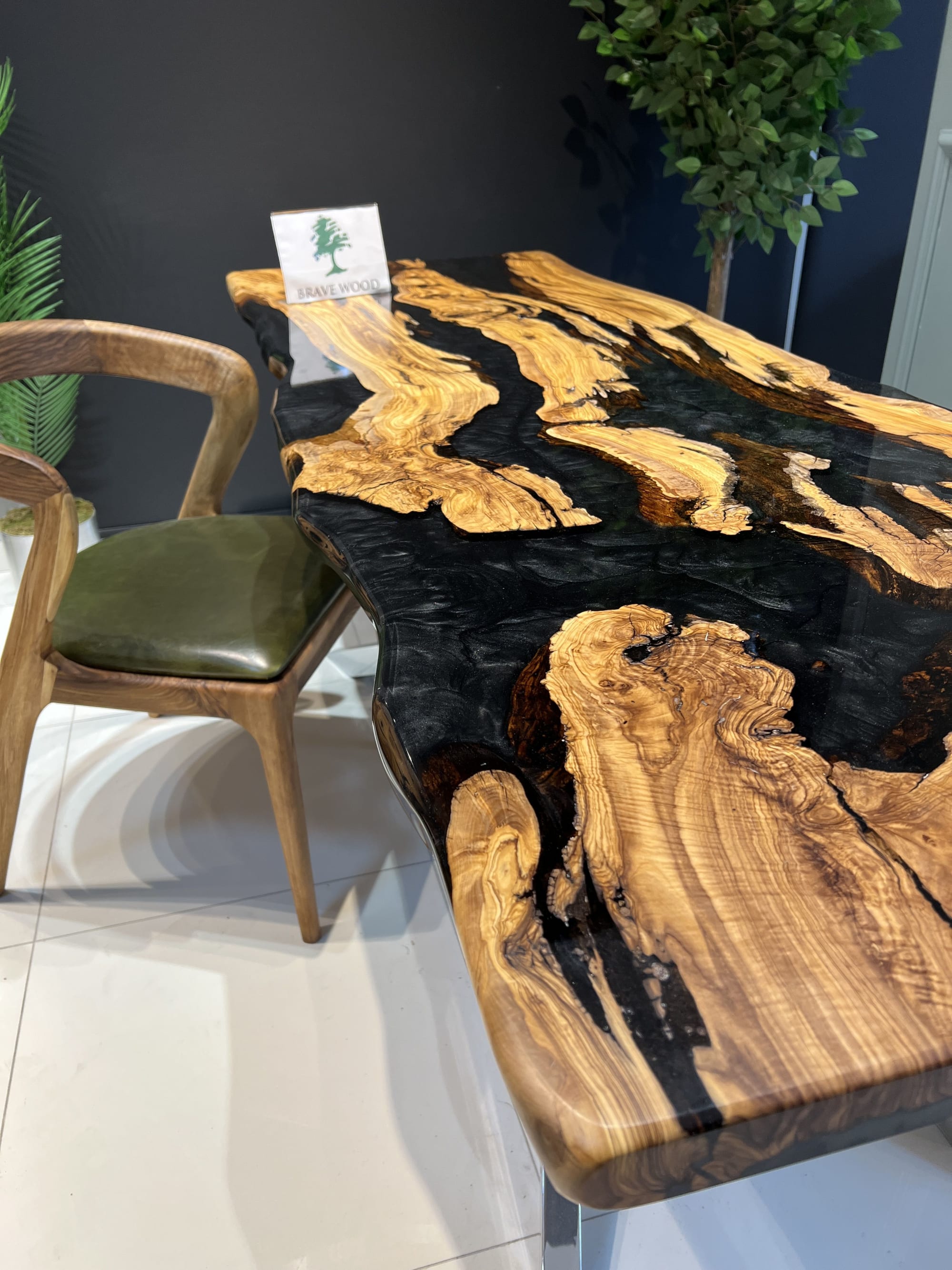 Custom live edge epoxy resin table Black epoxy table Dining room table Epoxy table living room table Olive tree epoxy table