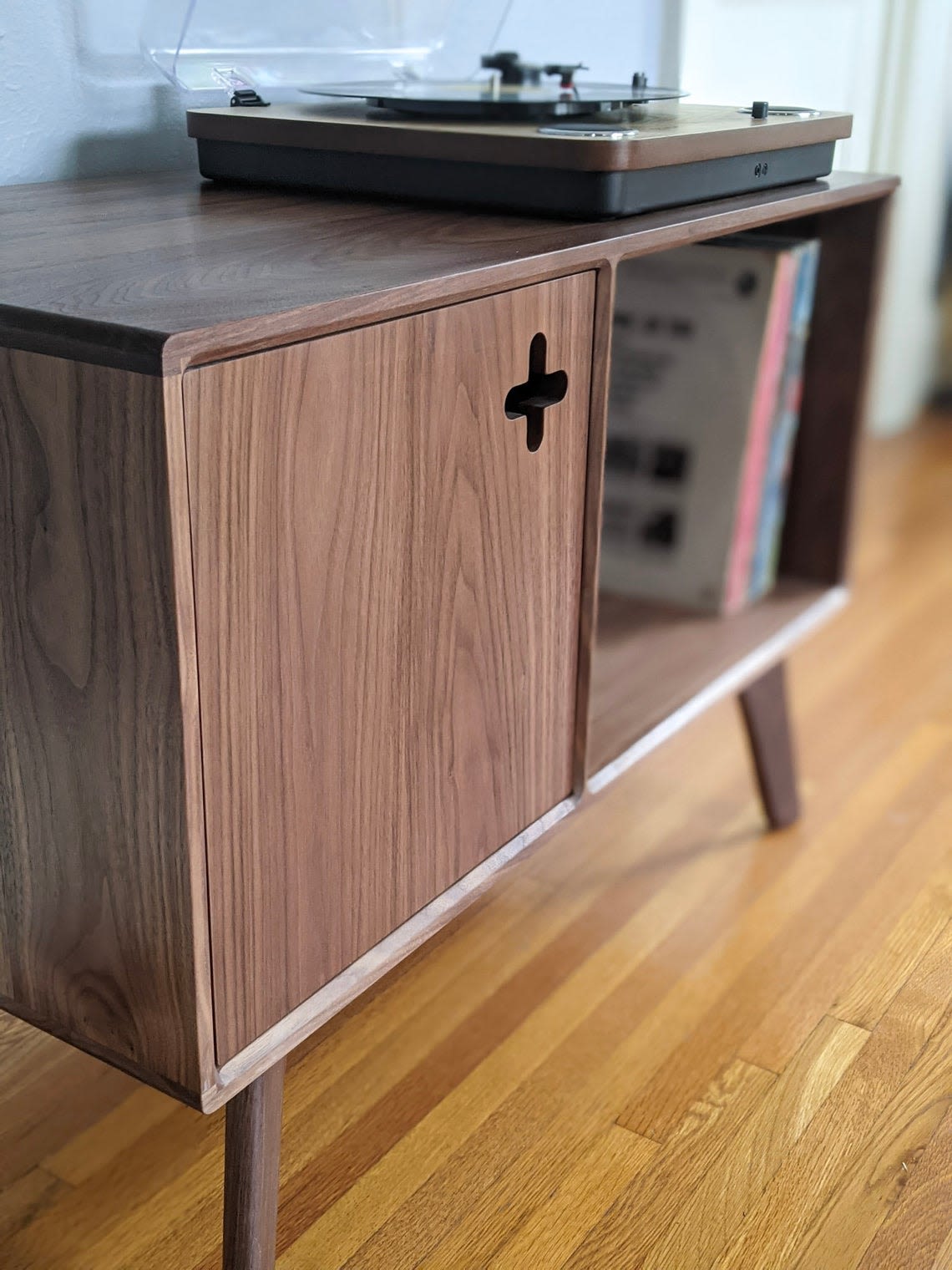 Mid Century Modern Walnut Record Player Stand, Vinyl Storage Cabinet 