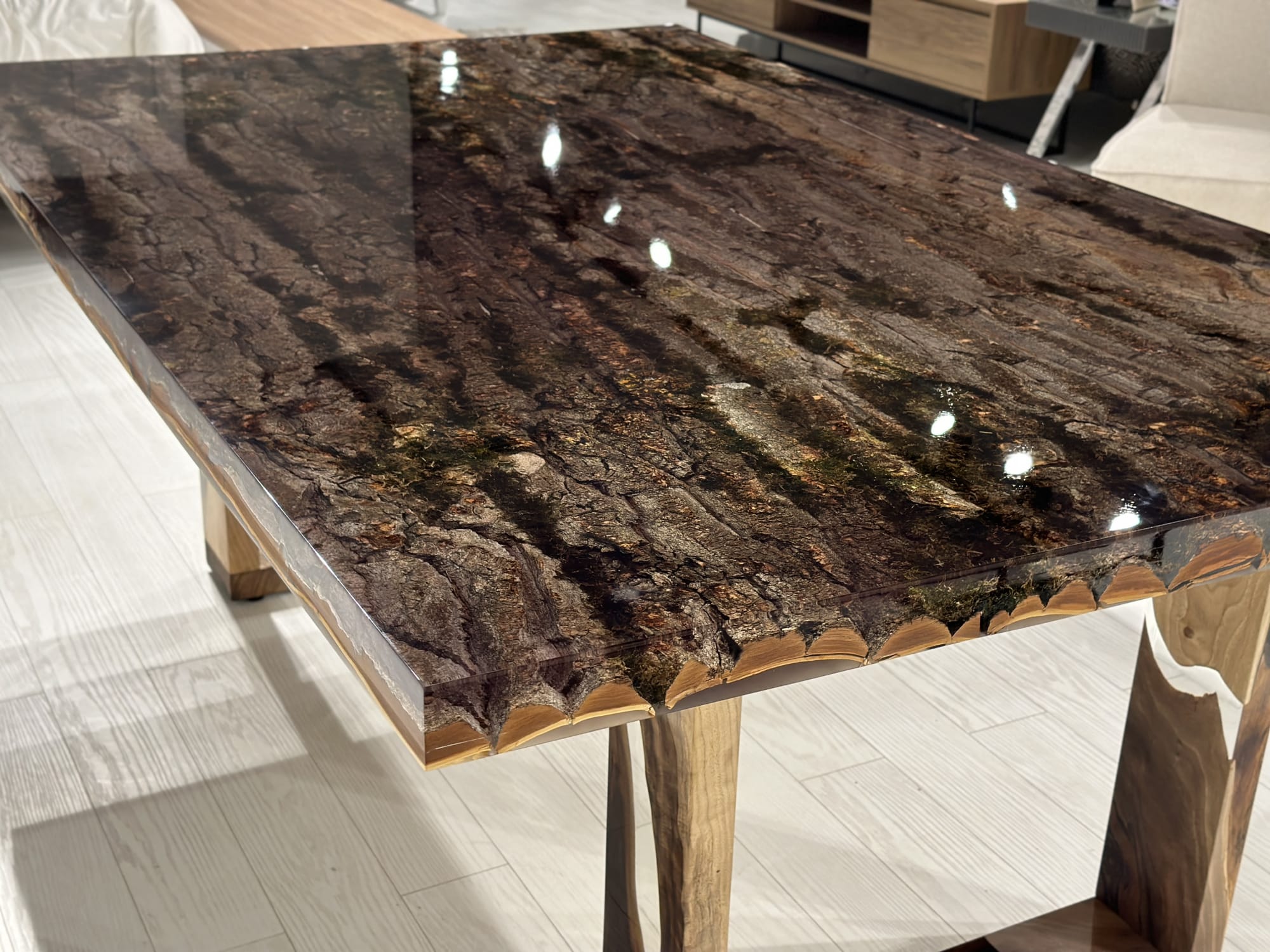 Special Tree Bark & Moss Epoxy Table by Tinella Wood