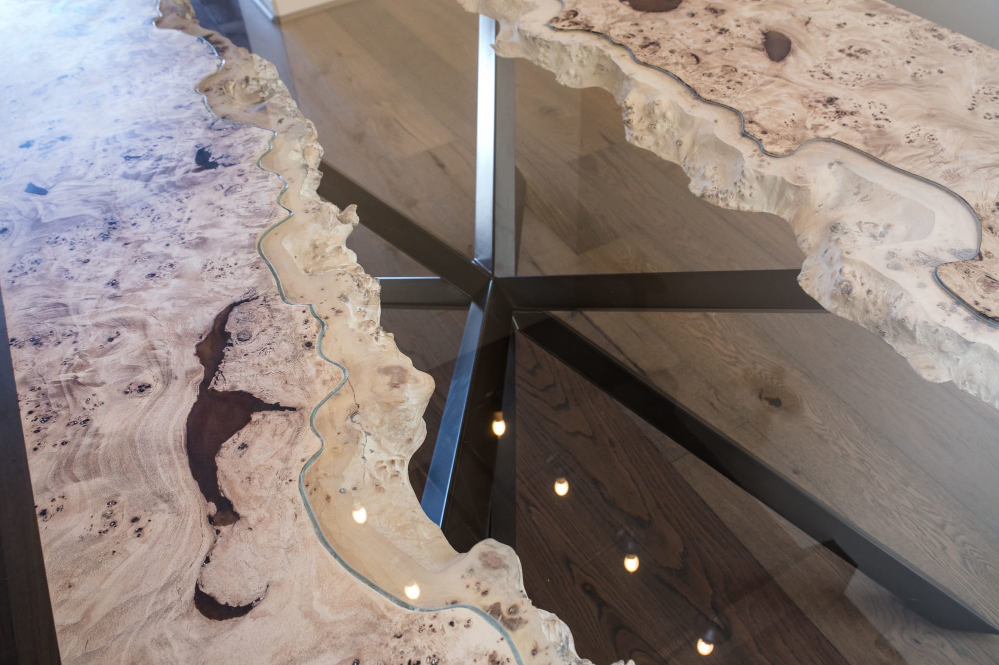 4x9ft River Table w/glass inlay in French Mappa Burl Wood by
