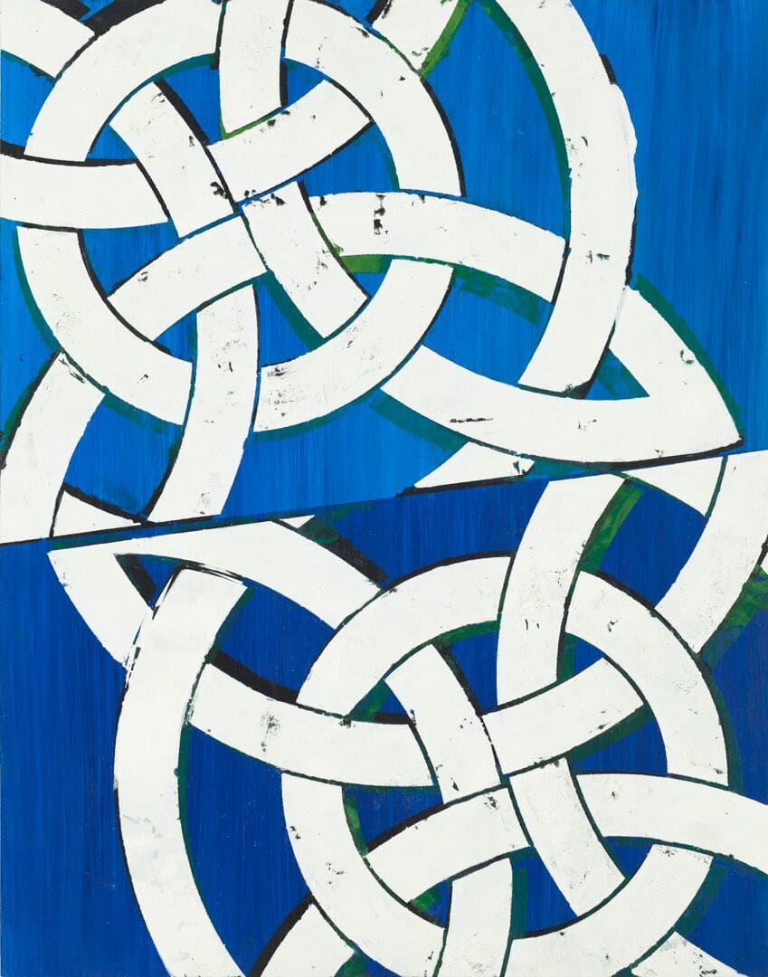 Blue Cheer Moroccan interlocking pattern in white and royal blue. Augustus  Owsley Stanley III-inspired title by Margaret Lanzetta