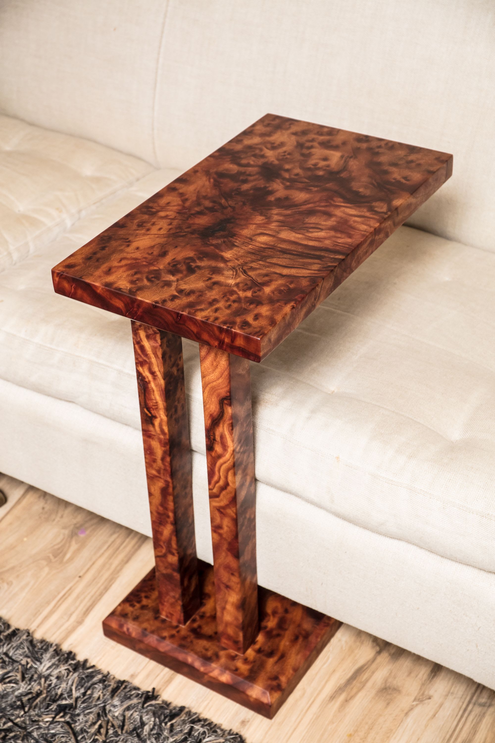 Camphor Burl Exotic Wood Cantilever C-Table by Lumberlust Designs