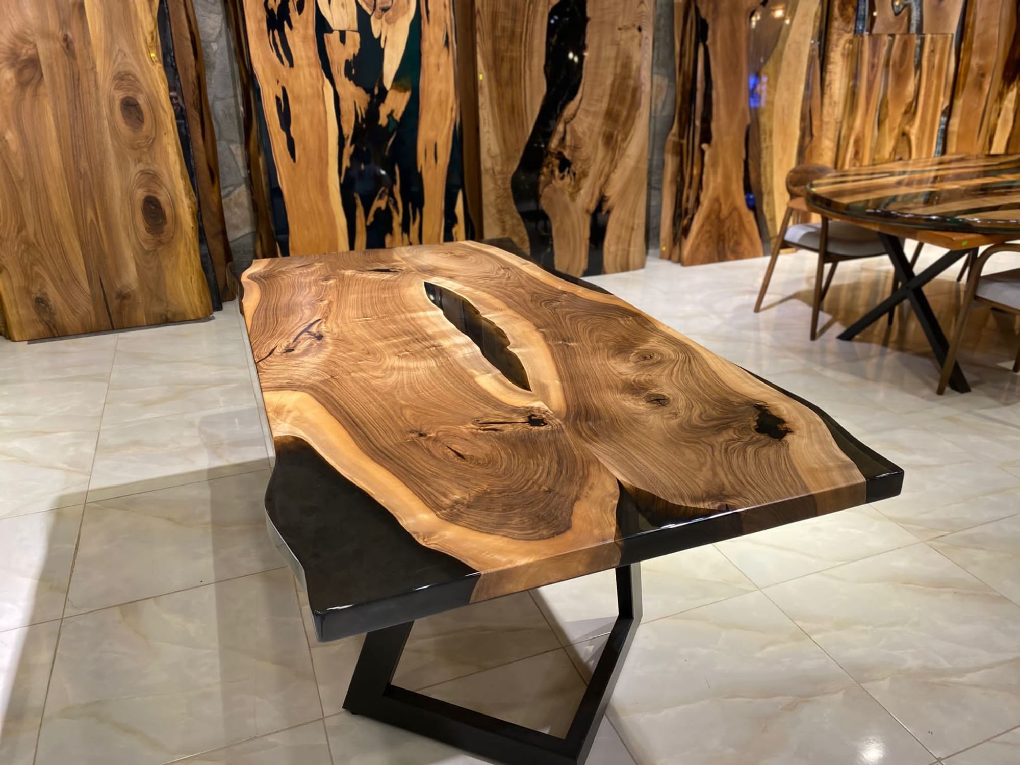 Live Edge Black Epoxy Resin Dining Table - In Stock by Gül Natural