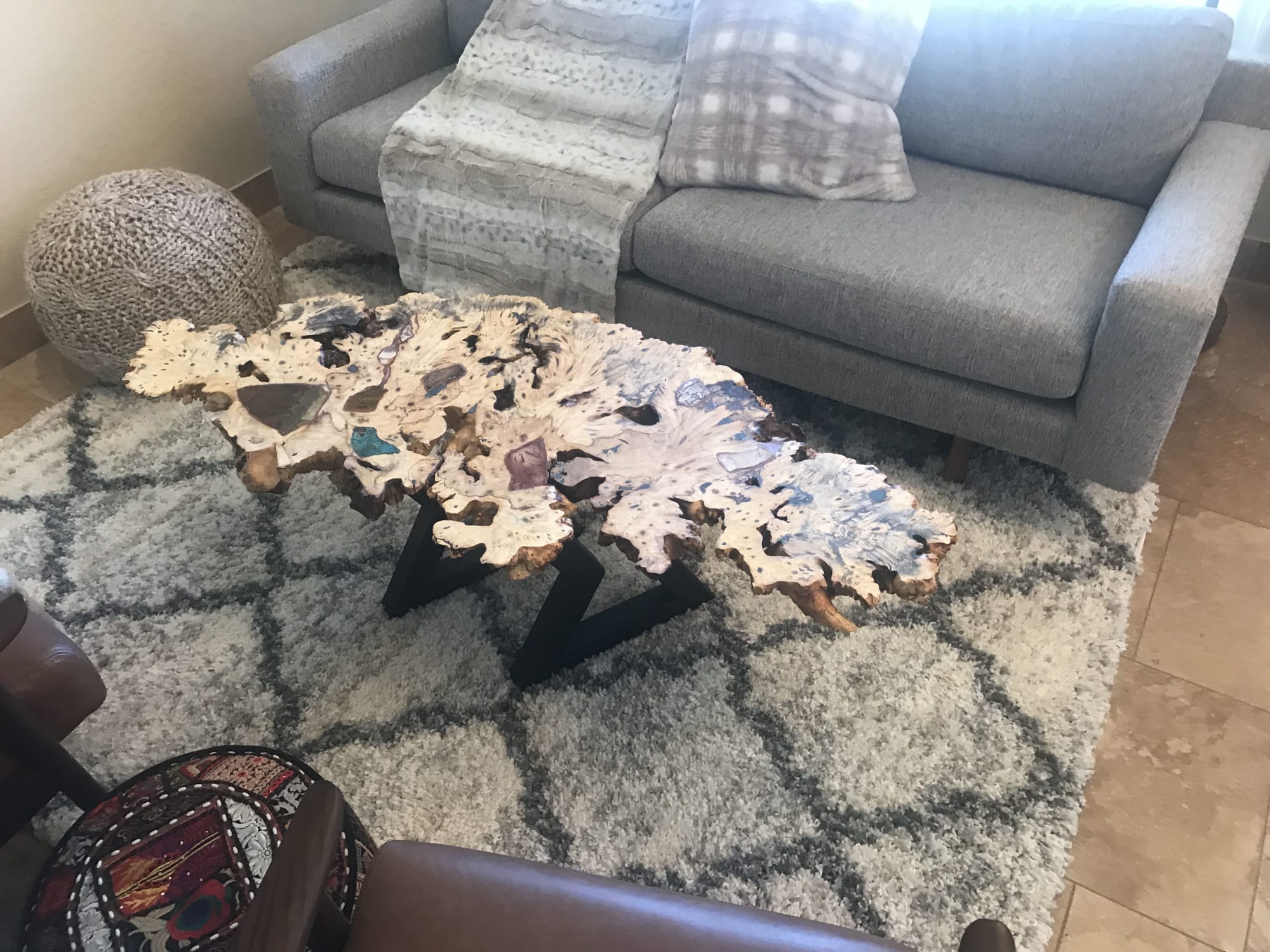 Live Edge Buckeye Burl Coffee Table with Stone Inlay by Natural Wood