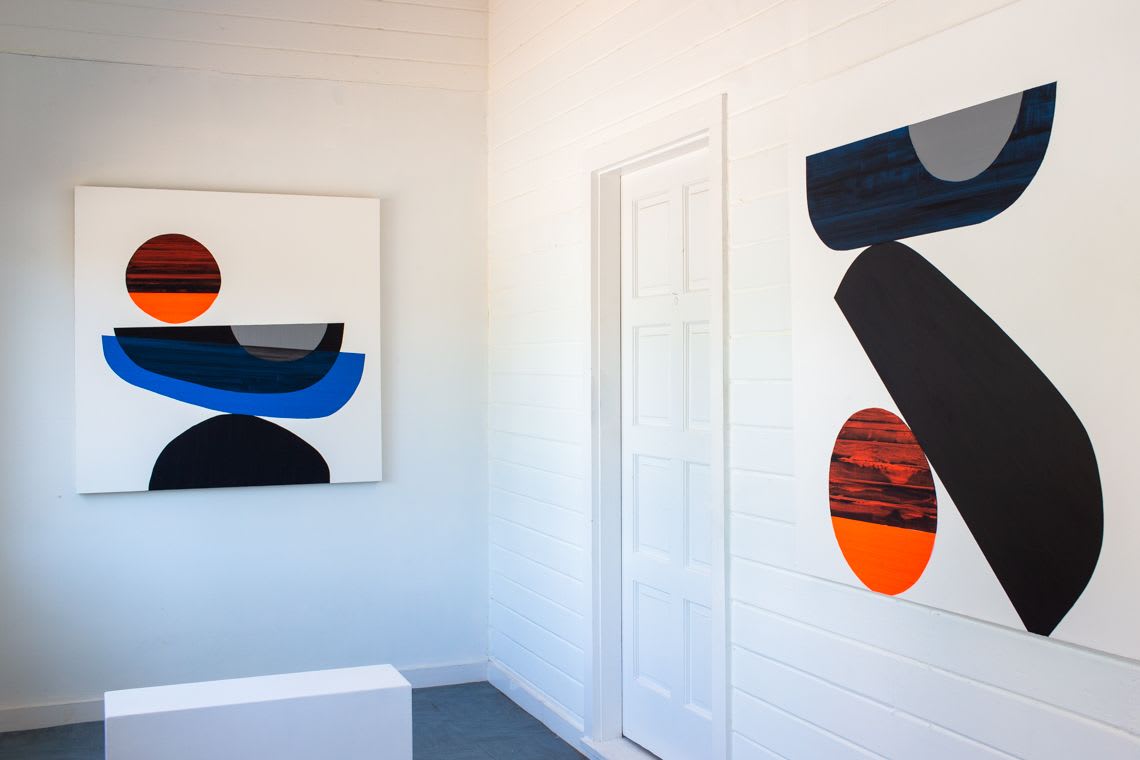 Abstract geometrical paintings black orange blue