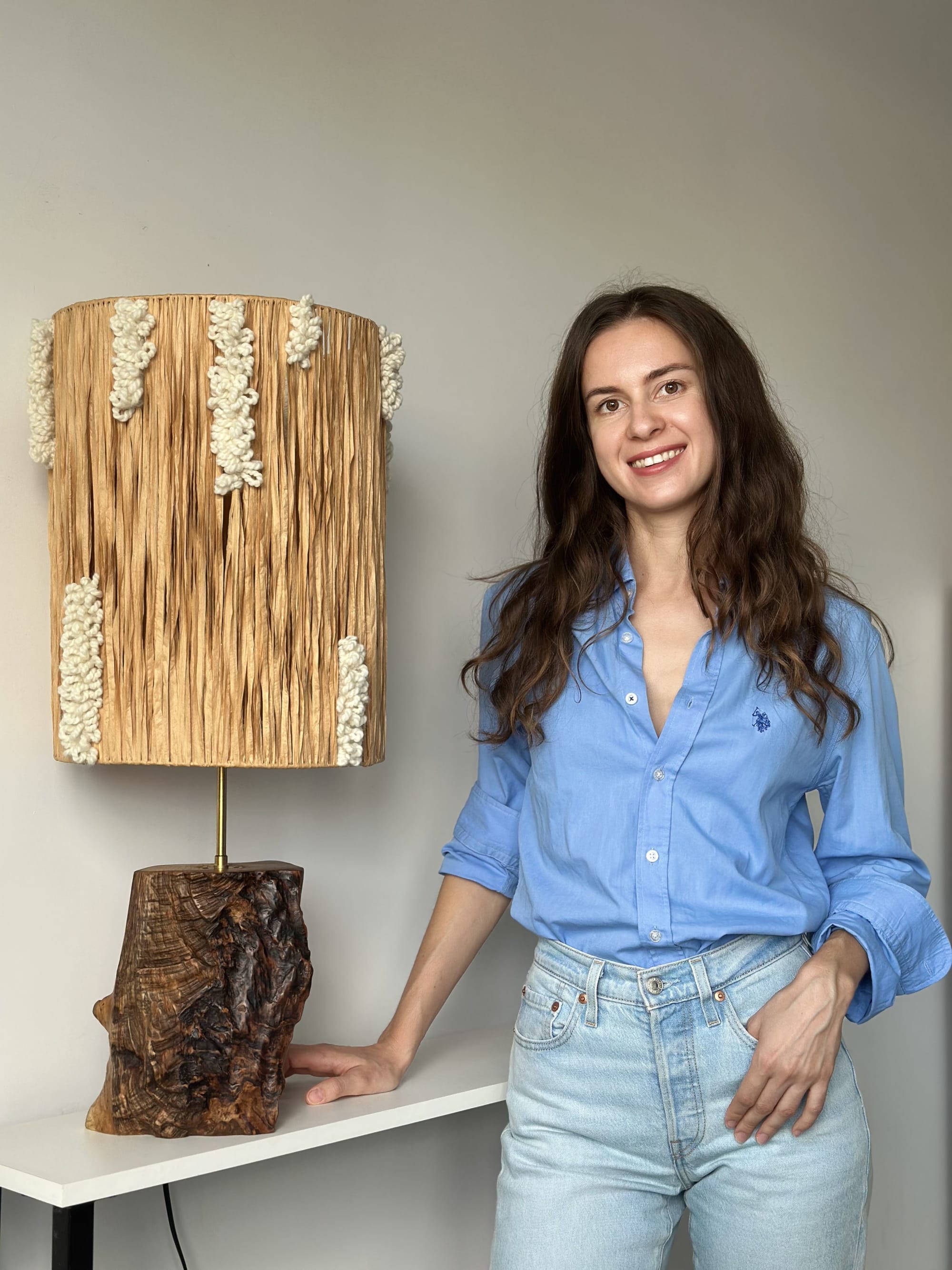 Handmade Lamp with Ash Wood Base and Textured Shade by Tissage