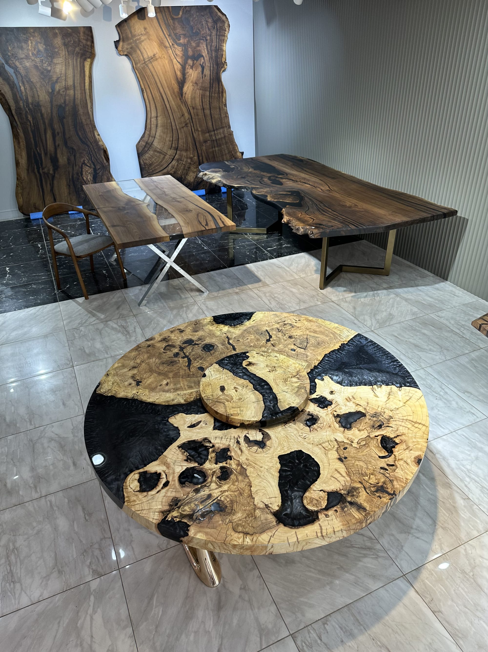 Teak Wood Round Epoxy River Meets Shore Table Top, Without Storage