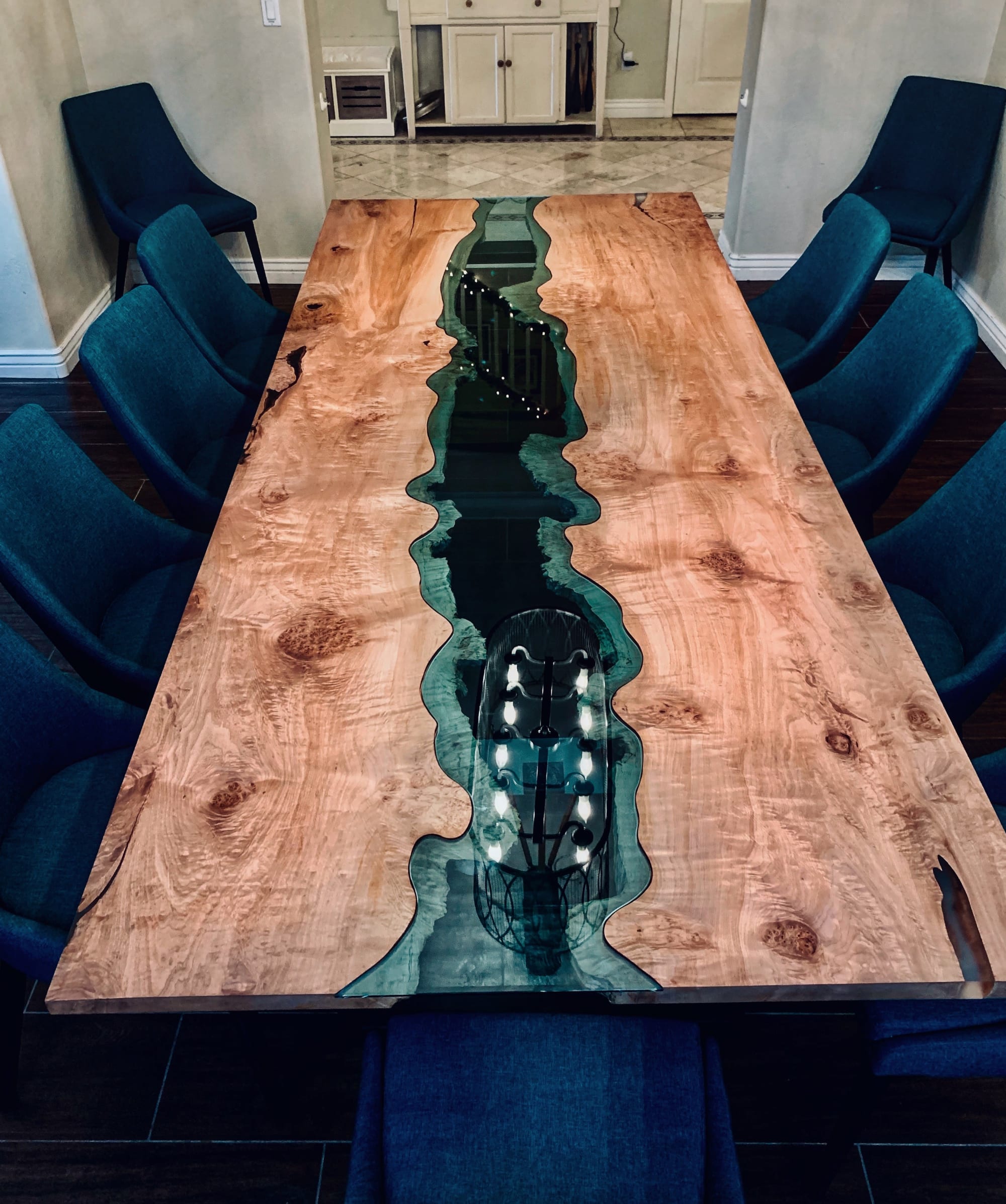 Coffee table with river deals running through it