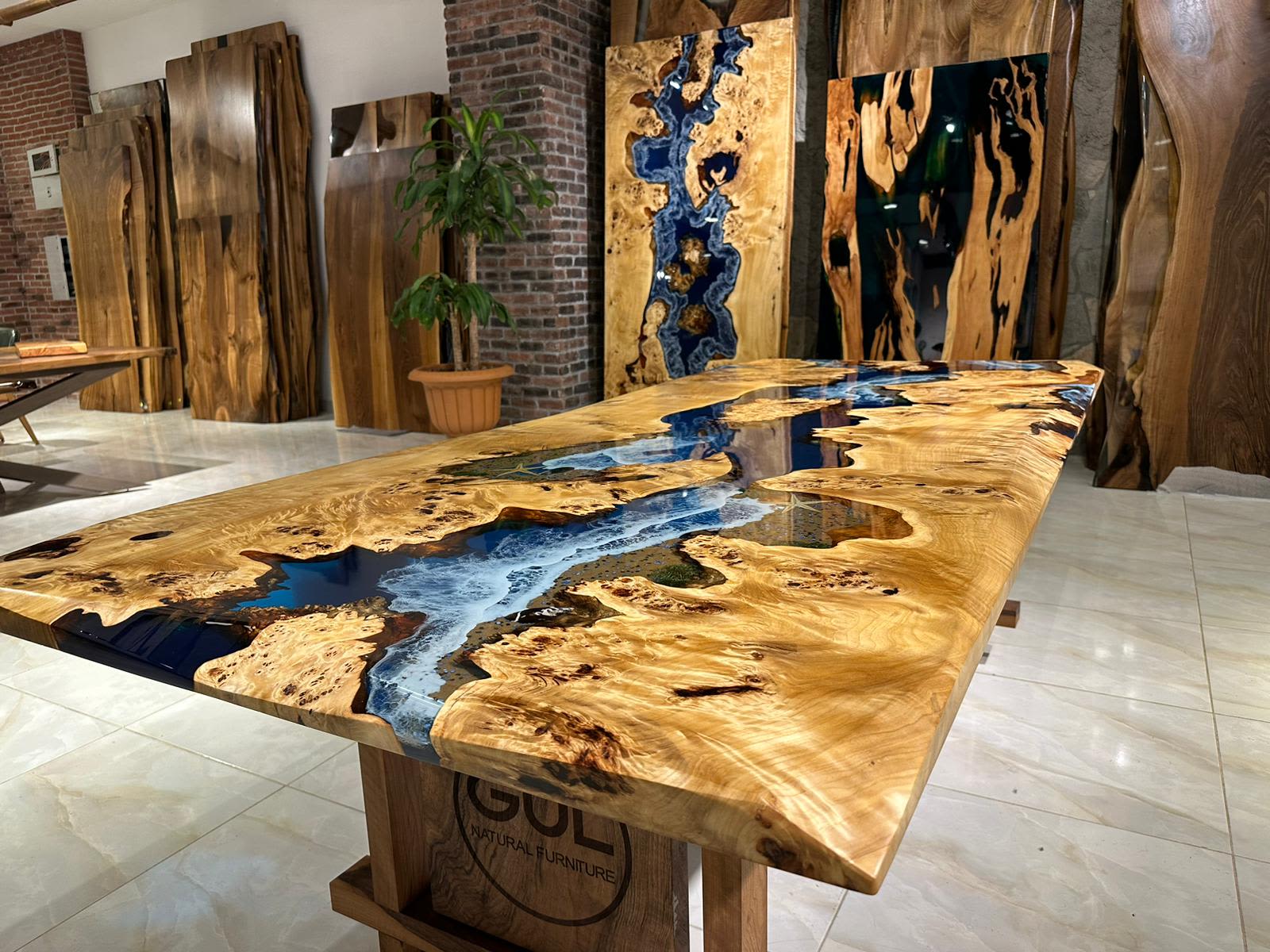 Olive Wood Coffee Table with Slate Blue Epoxy River Encasement