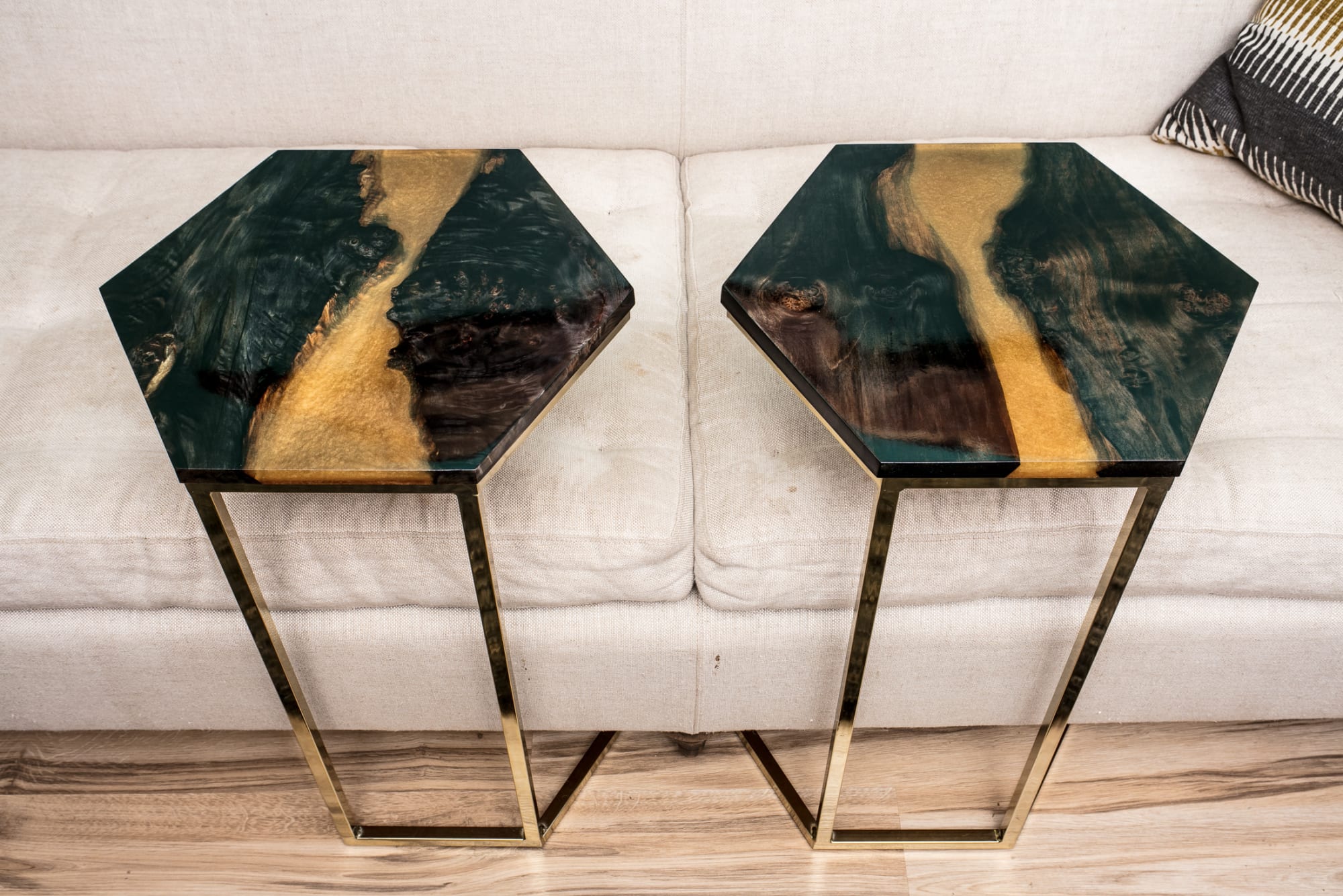Black and gold hexagon end tables