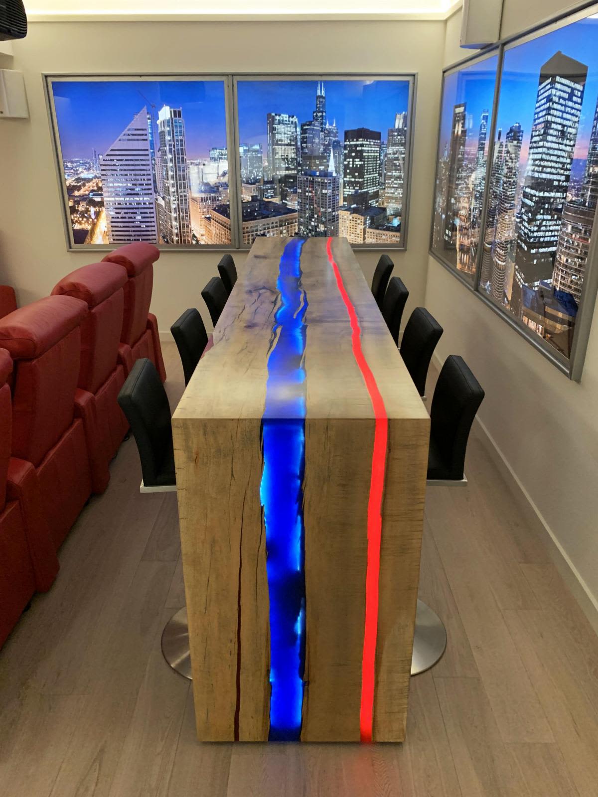 Live edge epoxy resin river dining table with led lighting and