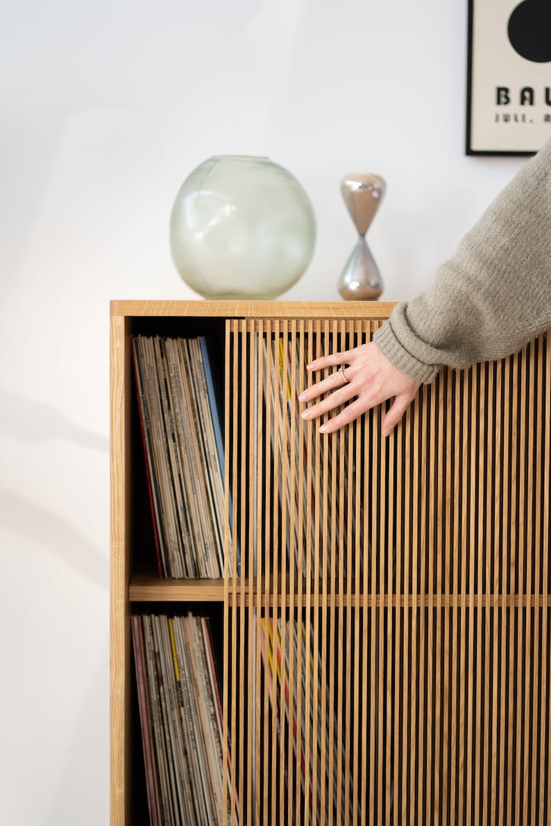 Wood vinyl record rack. Vinyl Records Storage, Minimalistic mid