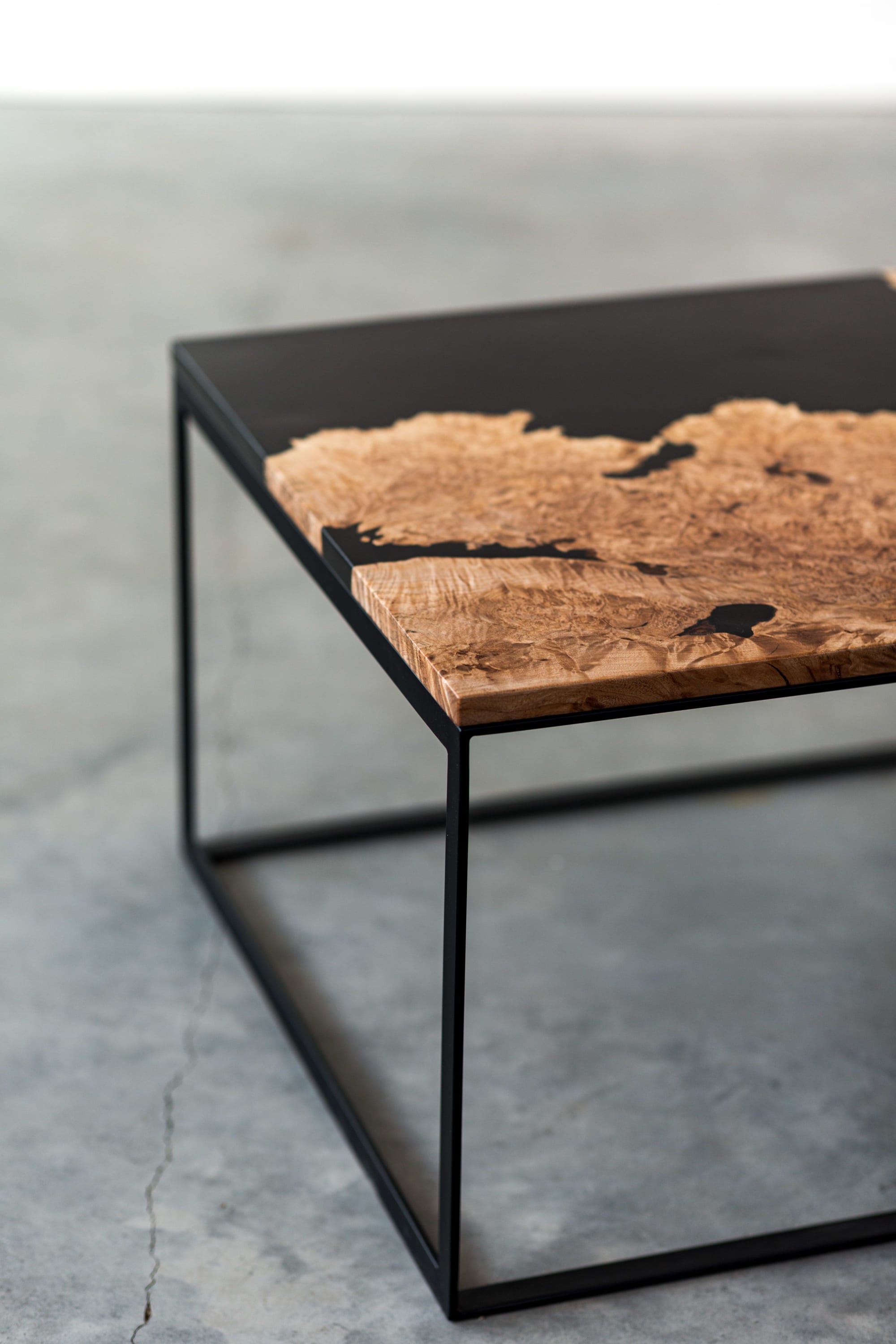 Maple Burl Live Edge Resin Coffee Table Steel Base Handmade Modern Furniture By Saw Live Edge Seen At Saw Live Edge Studio Kimberley Wescover