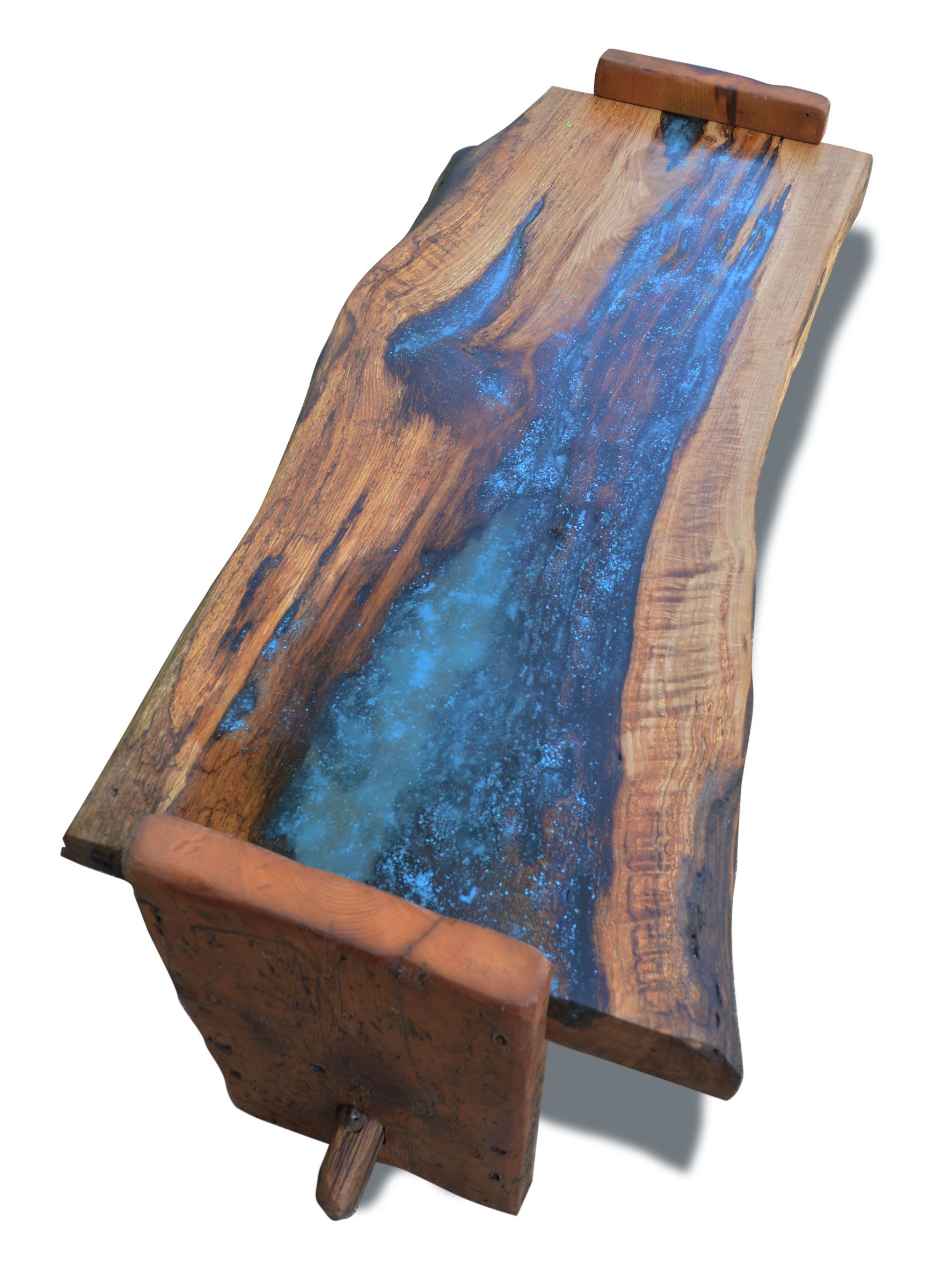 pecan wood bowl with electric blue epoxy resin inlay