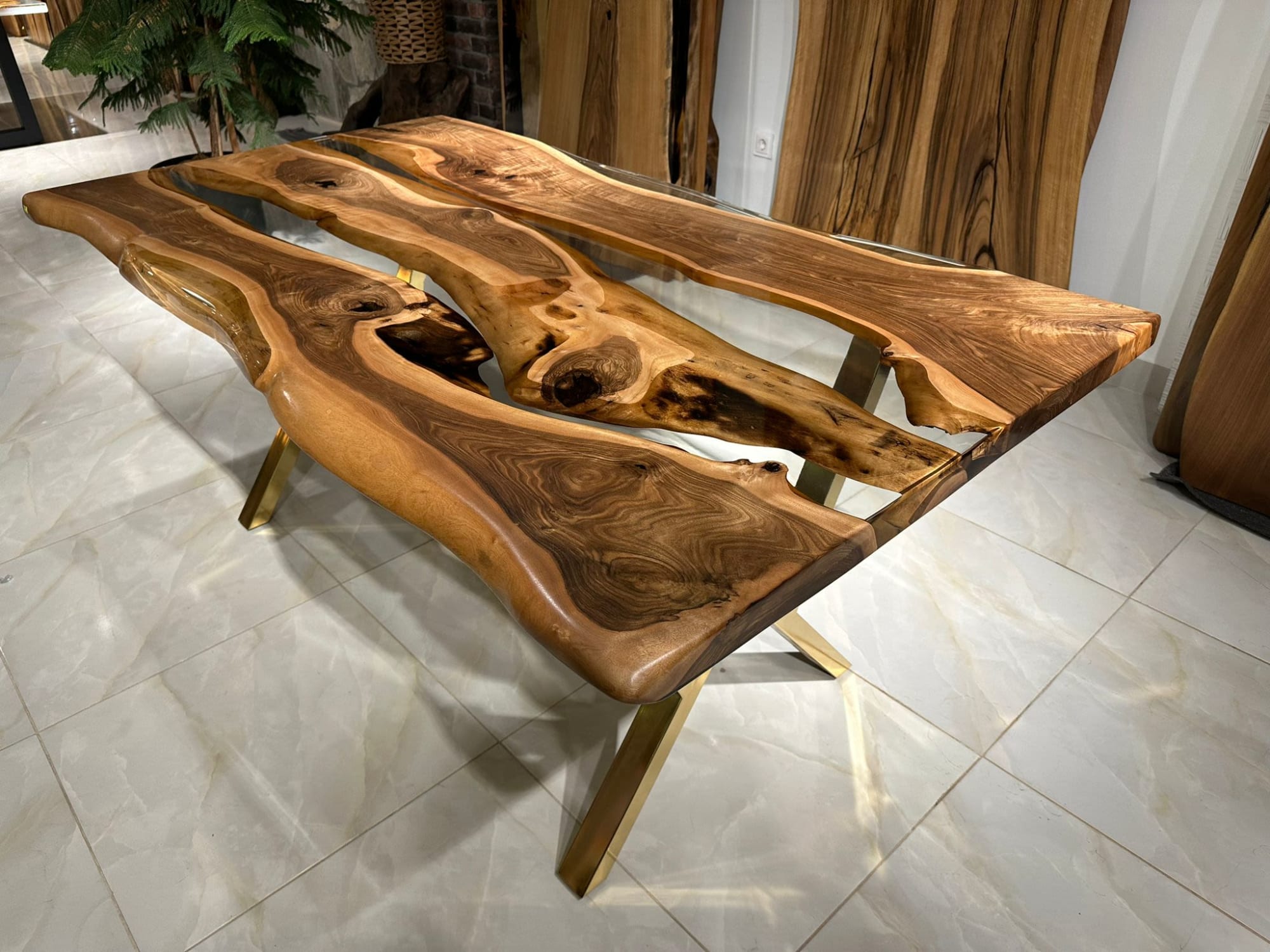 Custom Blue Epoxy Resin Olive Wood Dining Table - Gul Natural