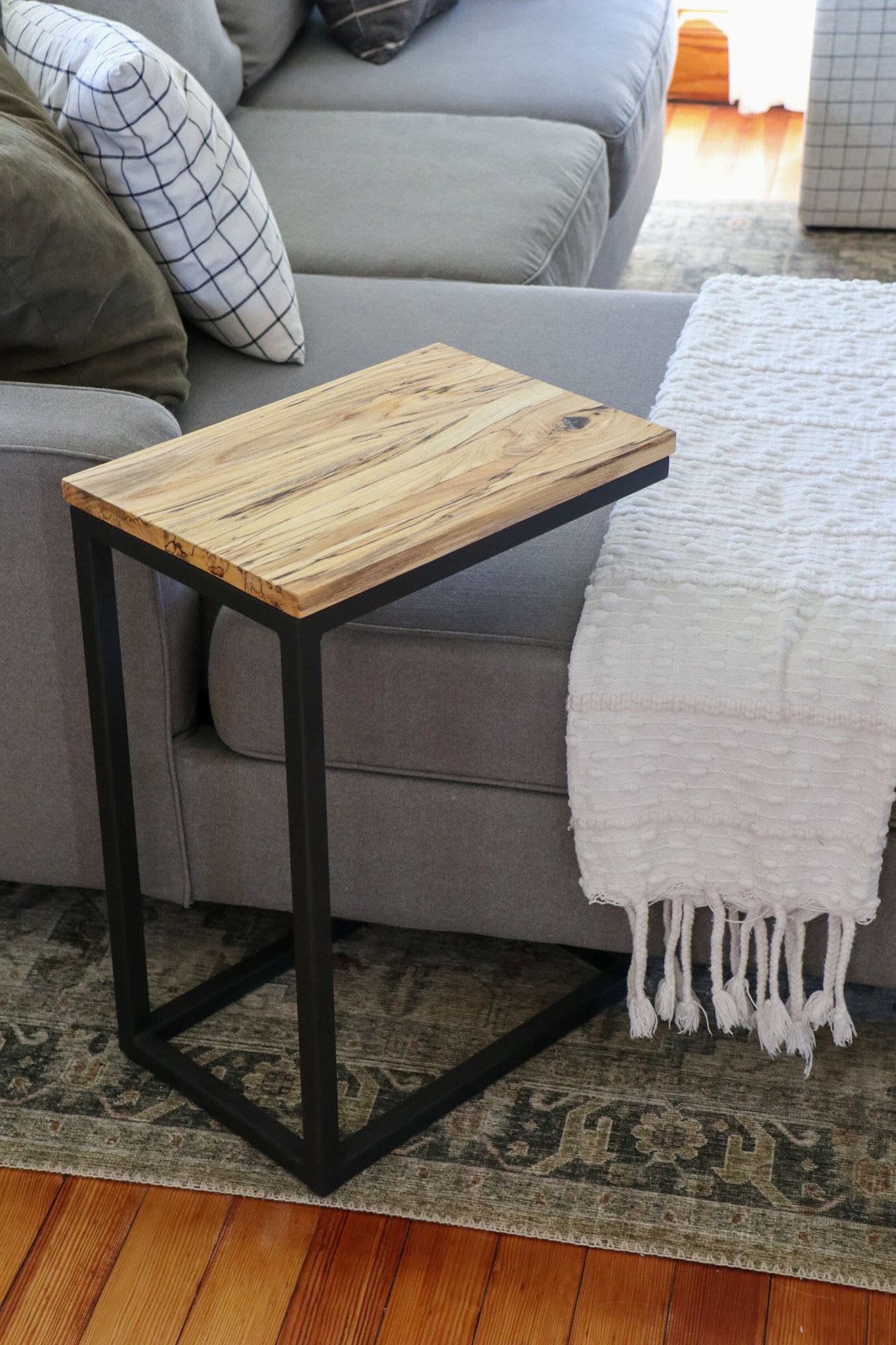Solid Spalted Hackberry Wood & Black Metal C-Table by Hazel Oak