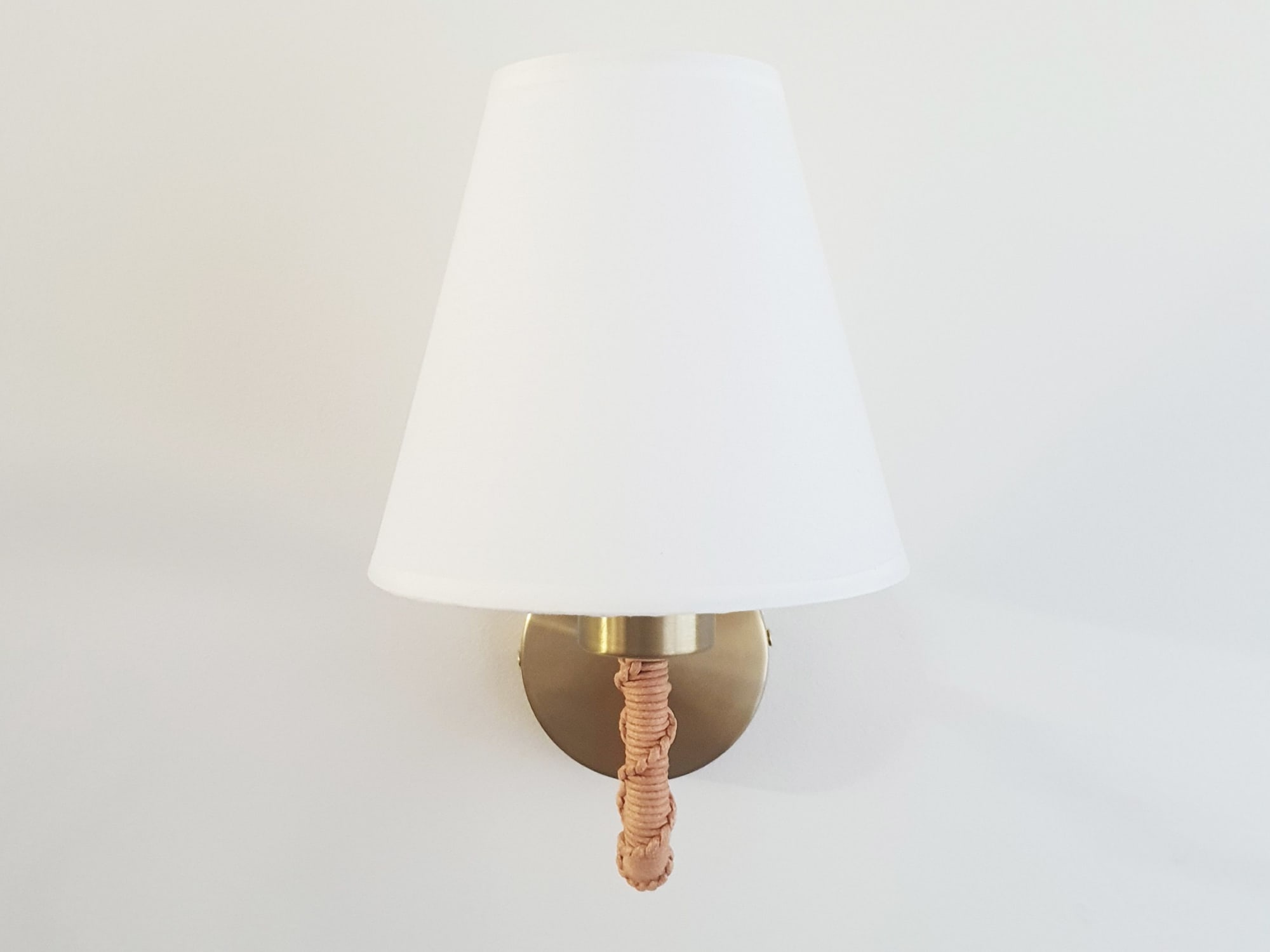 Brass Sconce with Cotton Lampshade and Hand Weaved Stem by Light and Fiber