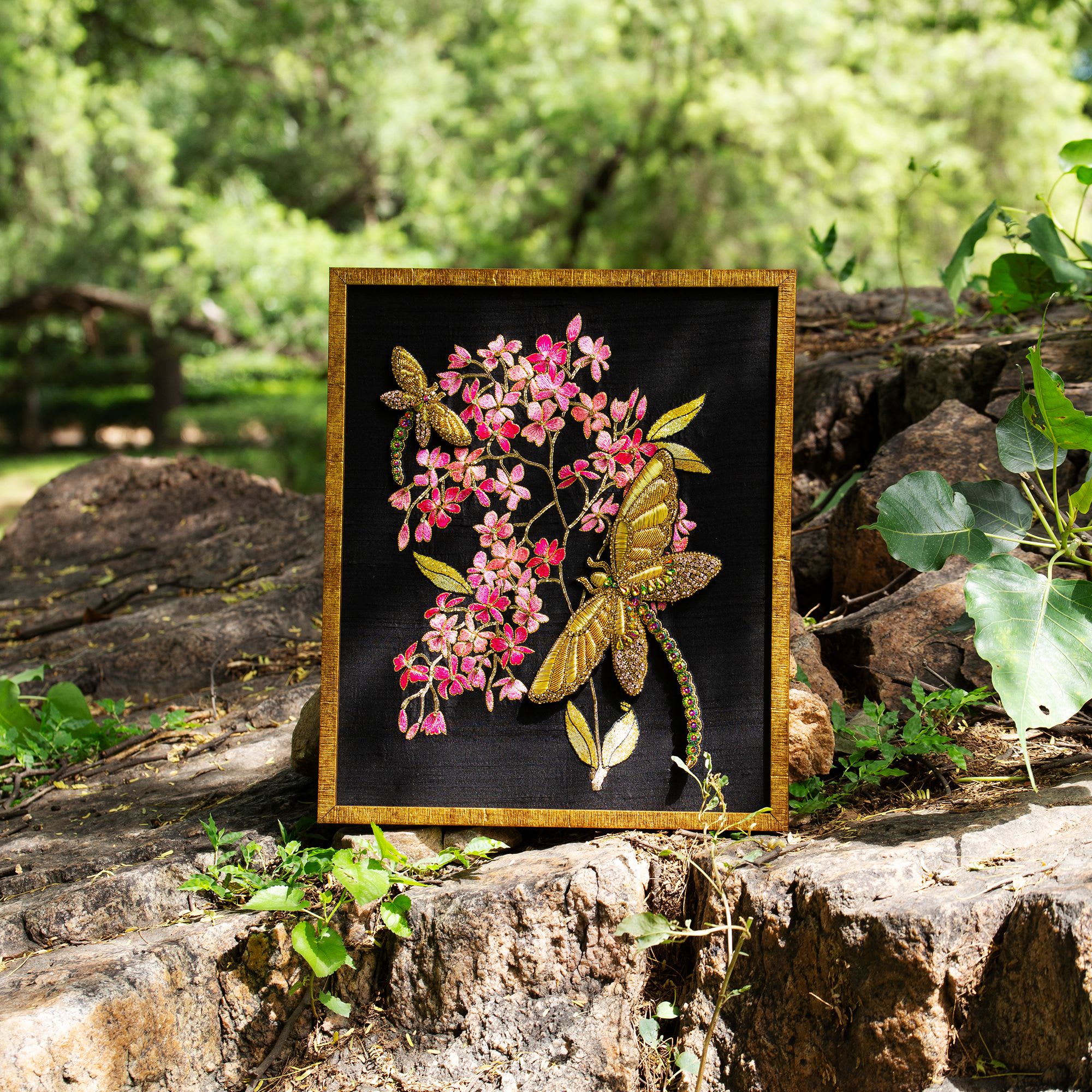 Embroidery Work Wall Art of Cherry Blossom & 3D Dragonfly by