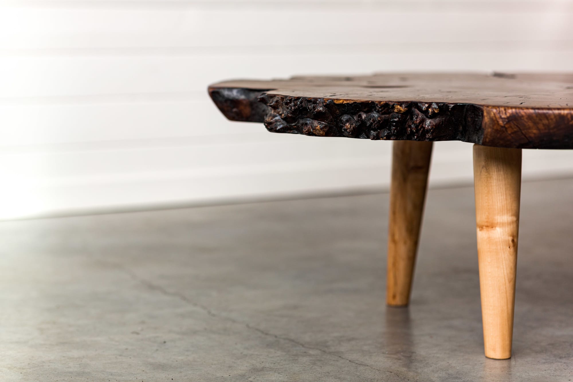 Black Walnut Burl Live Edge Coffee Table Sleek Rustic Maple Tapered Legs By Saw Live Edge Seen At Saw Live Edge Studio Kimberley Wescover