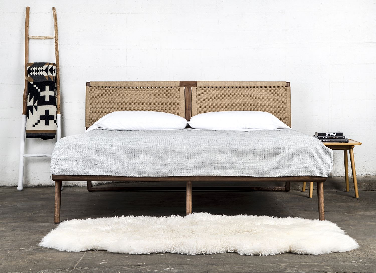Hardwood Rian Bed, Woven Danish Cord Headboard by Semigood Design