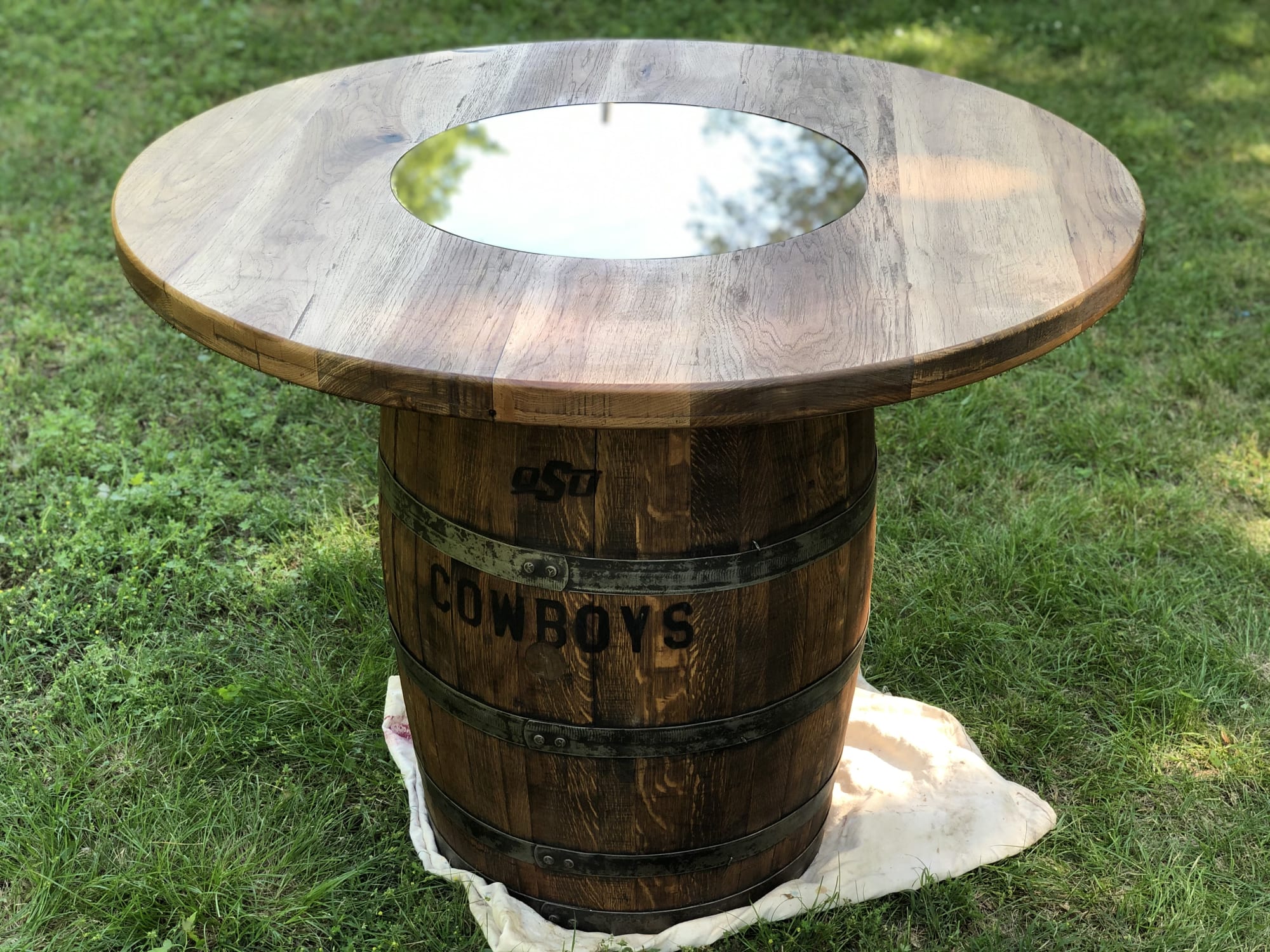 Solid Oak Rustic Wooden Whisky Barrel Table And High Back Armchair Set