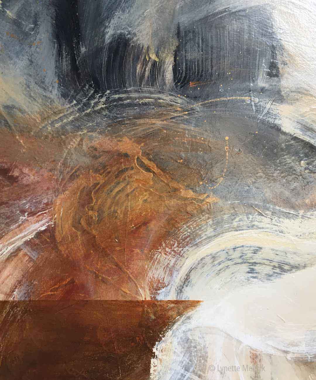 Moody abstract art with rich amber, brown, white, rust, gray by