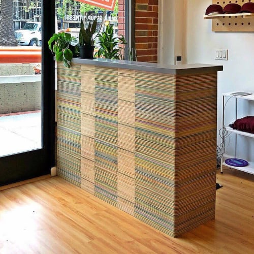 Recycled Skateboard Front Desk | Furniture by Iris Skateboards | The Boombox Studio in San Francisco