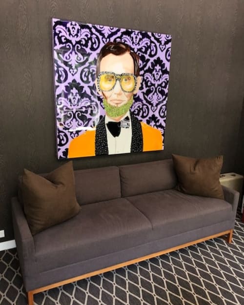 Abe With Purple Damask Background And Yellow Suit | Paintings by Ashley Longshore