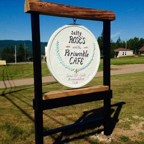 Hand Carved and Painted Sign | Signage by Emma Senft | Salty Rose's ~ Periwinkle Café in Ingonish