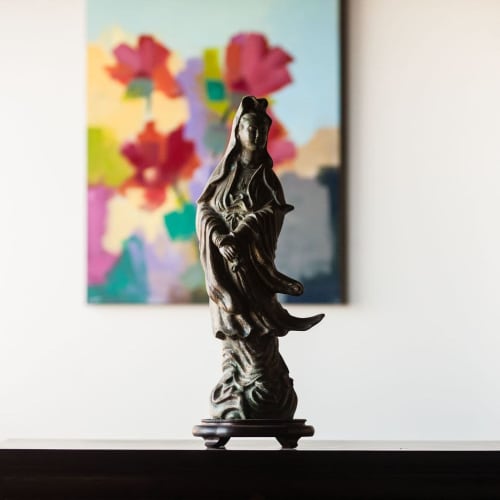Verdigris Bronze Guan Yin Statue With Stand | Sculptures by Lawrence & Scott