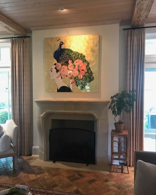 Audrey With Peacock And Flower Headdress And Gold Leaf Background | Paintings by Ashley Longshore