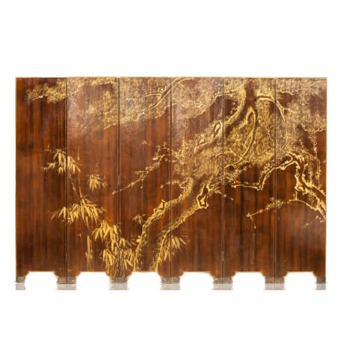 Double-Sided Leather Wisteria & Bamboo Scene Room Divider | Furniture by Lawrence & Scott