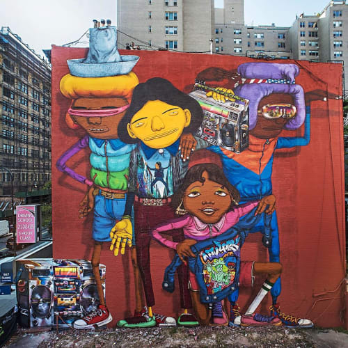 Rock On To The Break Of Dawn Part1 | Street Murals by OSGEMEOS | 14th Street/Sixth Avenue in New York