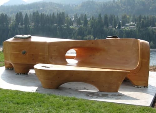 Conversation Bench | Public Sculptures by Denis Kleine | Selkirk College Trails (Mir Centre) in Castlegar