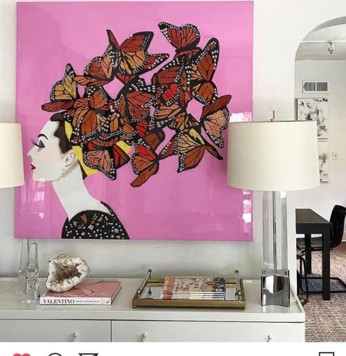 Audrey With Swarming Monarchs And Pink Background | Paintings by Ashley Longshore