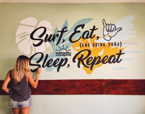 Surf, Eat, Sleep, Repeat Mural | Murals by pepallama | La Barra Surf Resort in Miramar