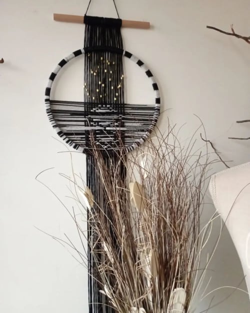 Black and White Round Woven Tapestry | Macrame Wall Hanging in Wall Hangings by Magdyss Boutique