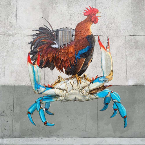 In The House Of The Rooster And The Crab | Street Murals by Criminy Johnson (QRST) | Bushwick, Brooklyn in Brooklyn