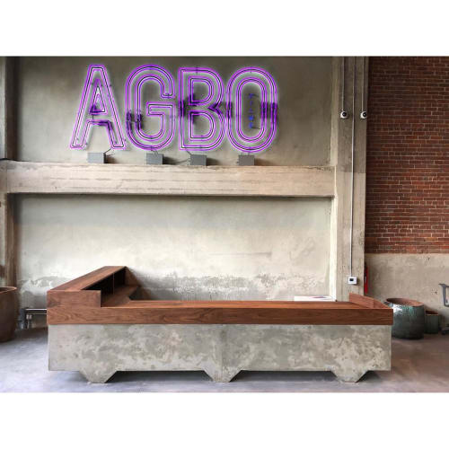 AGBO Films - Solid Walnut Reception Desk with Concrete Base | Tables by Angel City Woodshop | Agbo Films in Los Angeles