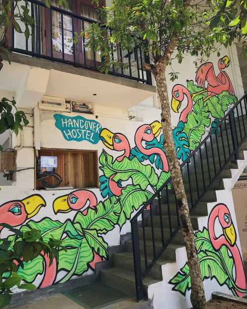 Flamingos On Stairway Mural | Murals by Frankie Strand | Hangover Hostels Ella in Ella