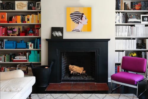 Audrey With Yellow Striped Background | Paintings by Ashley Longshore