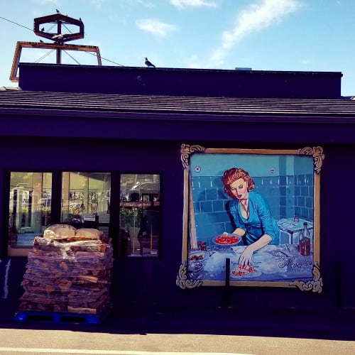Mural by Jonas Never (“Sophia Loren making pizza”) | Murals by Cult-Classics (Jonas Never) | WOOD in Los Angeles