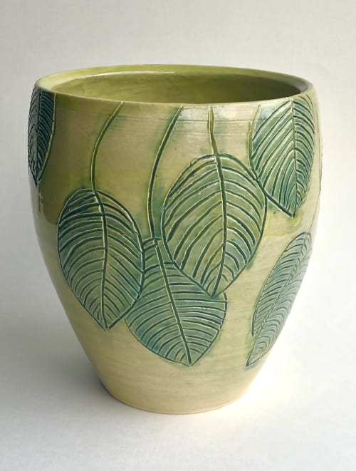 Green Vase with Carved Leaves | Vases & Vessels by Maya Ceramics and Paintings | Alberta Street Gallery in Portland