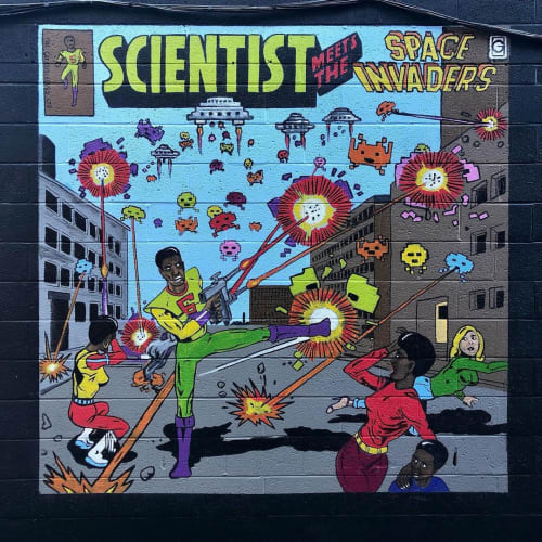 Scientist Meets the Space Invaders | Street Murals by Josh Scheuerman | Randy's Records in Salt Lake City